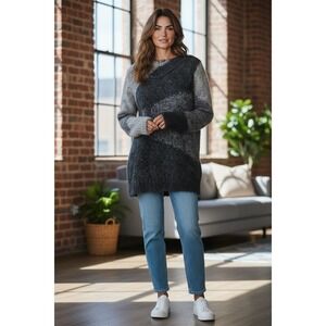 EILEEN FISHER Gray Color Block Mohair Blend‎ V-Neck Pullover Sweater Size L